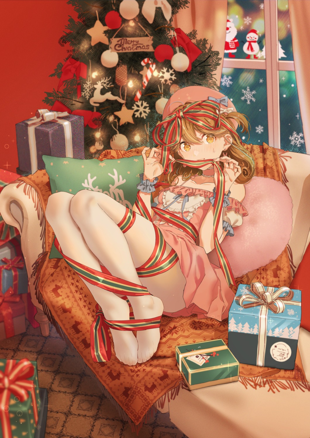 christmas, dress, feet, girl_cafe_gun, girl_cafe_gun_ii, hei_yan-m82a1, pantyhose, skirt_lift