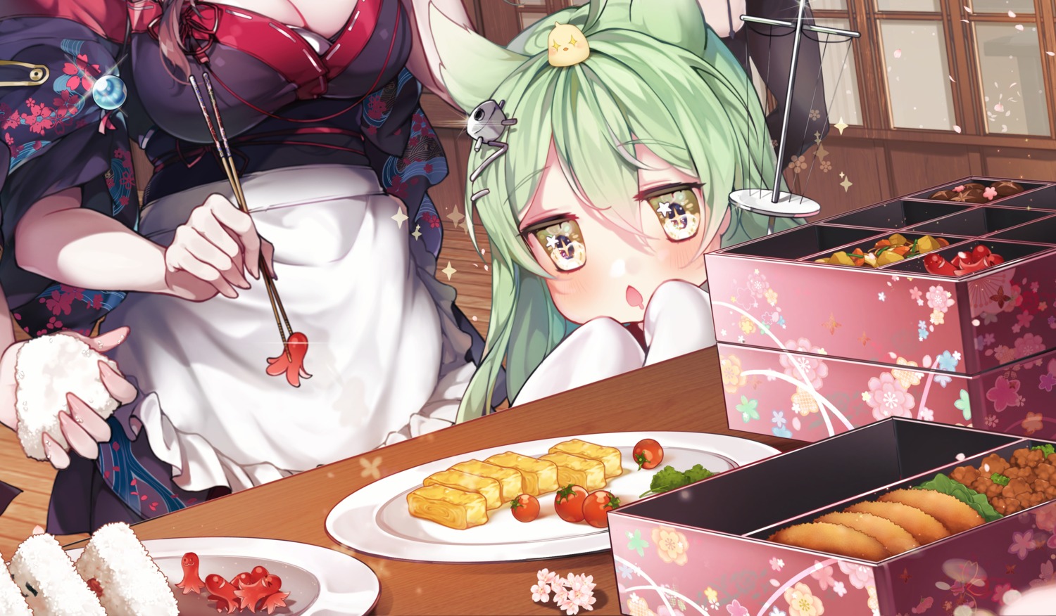 akashi_(azur_lane), animal_ears, azur_lane, cleavage, fusou_(azur_lane), japanese_clothes, kanola_u, manjuu_(azur_lane)