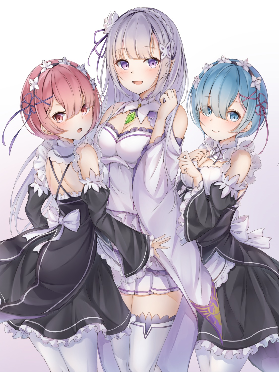 cleavage, dress, elf, emilia_(re_zero), maid, pantyhose, poe_(528yuzunon), pointy_ears