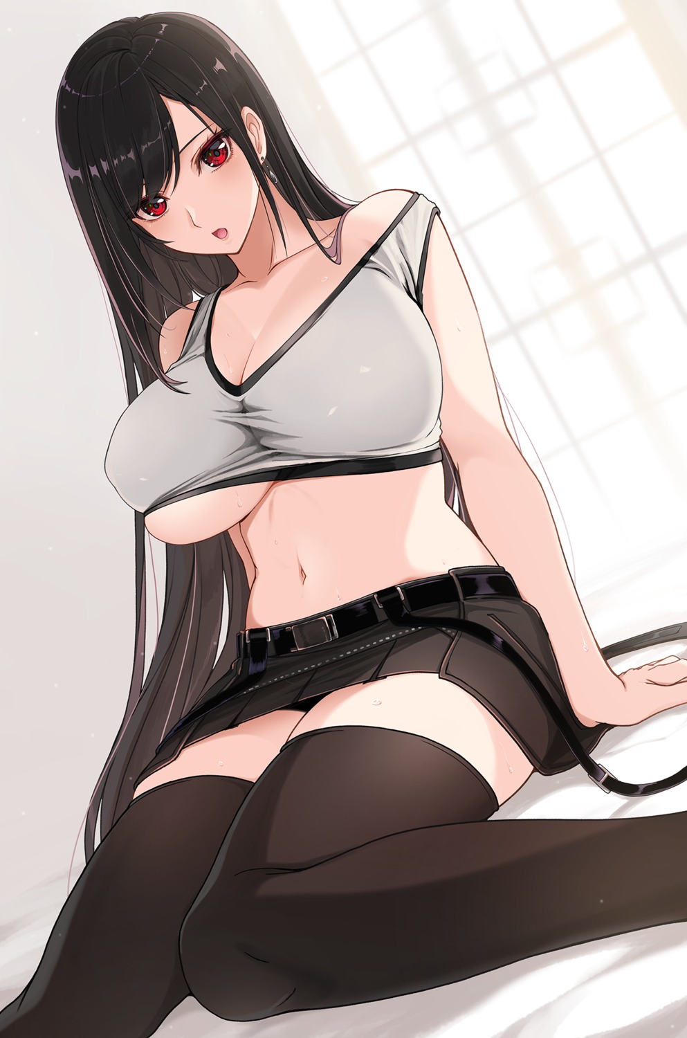 cleavage, denken, final_fantasy, final_fantasy_vii, no_bra, shirt_lift, thighhighs, tifa_lockhart, underboob