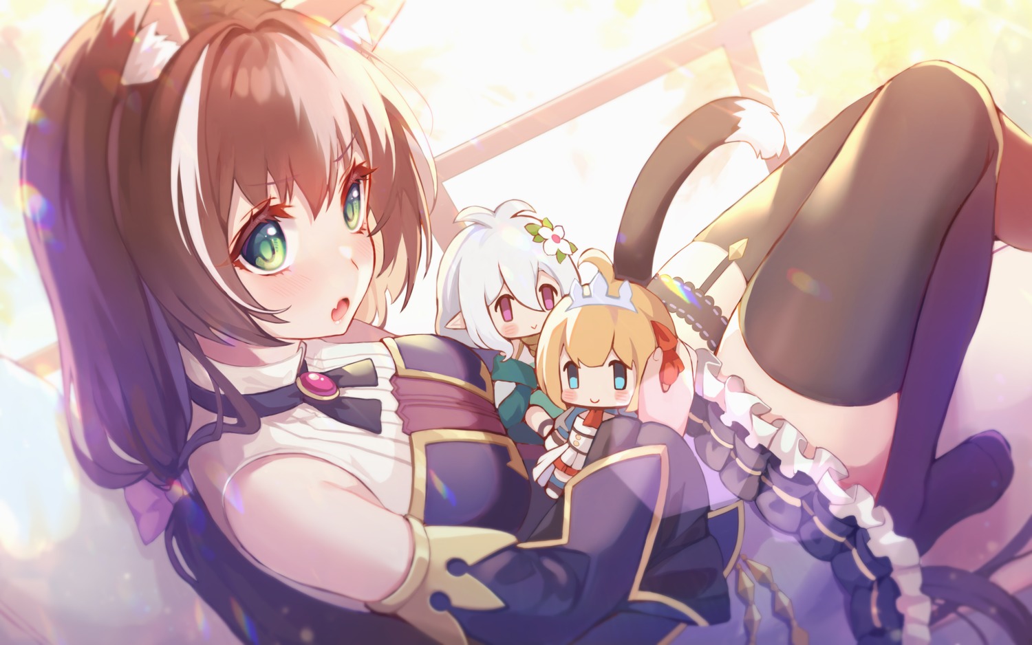 animal_ears, chibi, hasu_(velicia), karyl_(princess_connect), kokkoro, nekomimi, pecorine, pointy_ears, princess_connect!, princess_connect!_re:dive, skirt_lift, stockings, tail, thighhighs