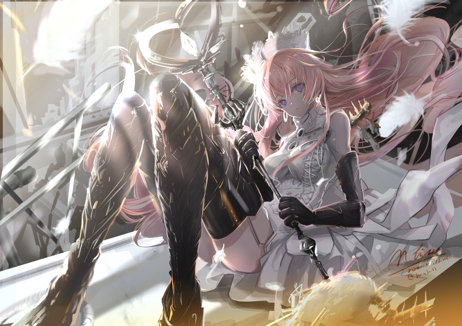 dress, hirose_(10011), mecha_musume, skirt_lift, stockings, thighhighs, weapon