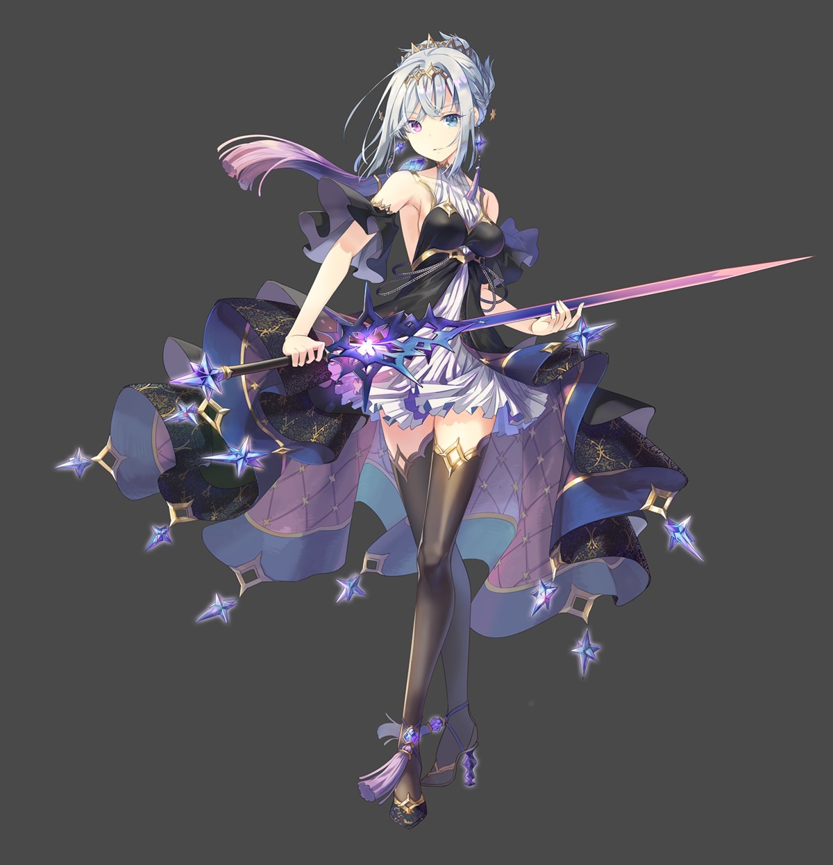 dress, h2so4, heels, heterochromia, sword, thighhighs