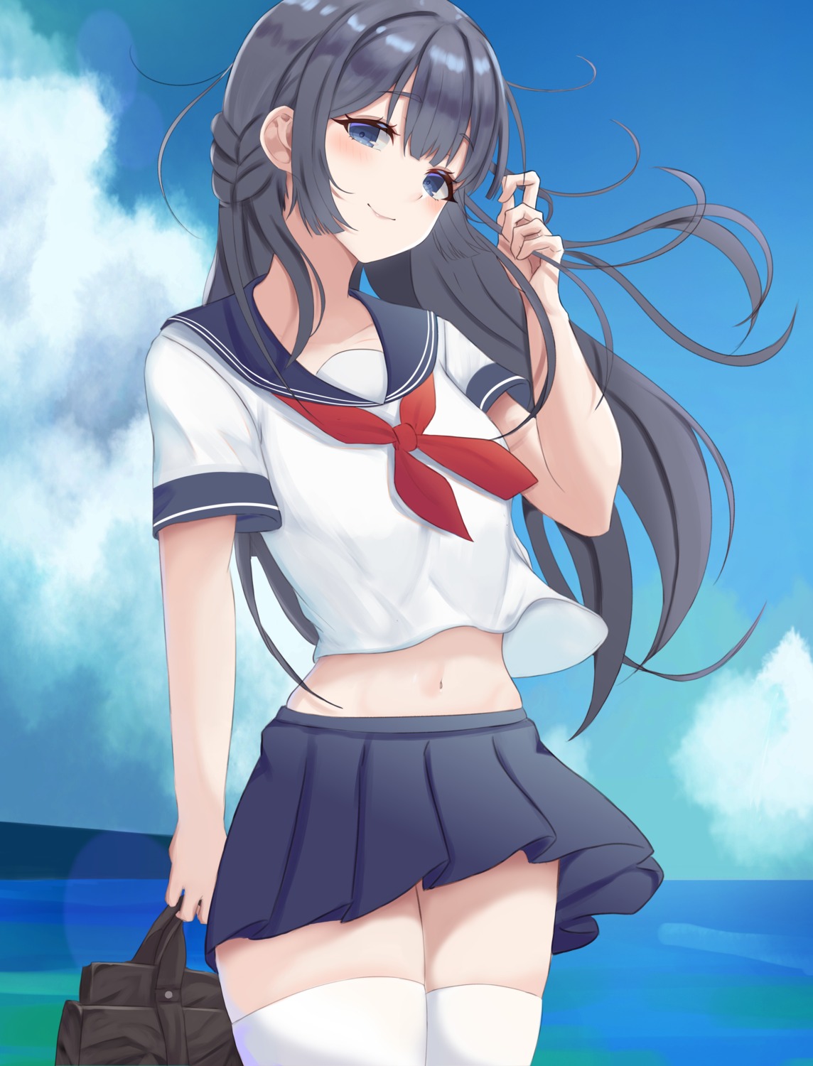 kano_(wi3028), makinohara_shouko, seifuku, seishun_buta_yarou, skirt_lift, thighhighs