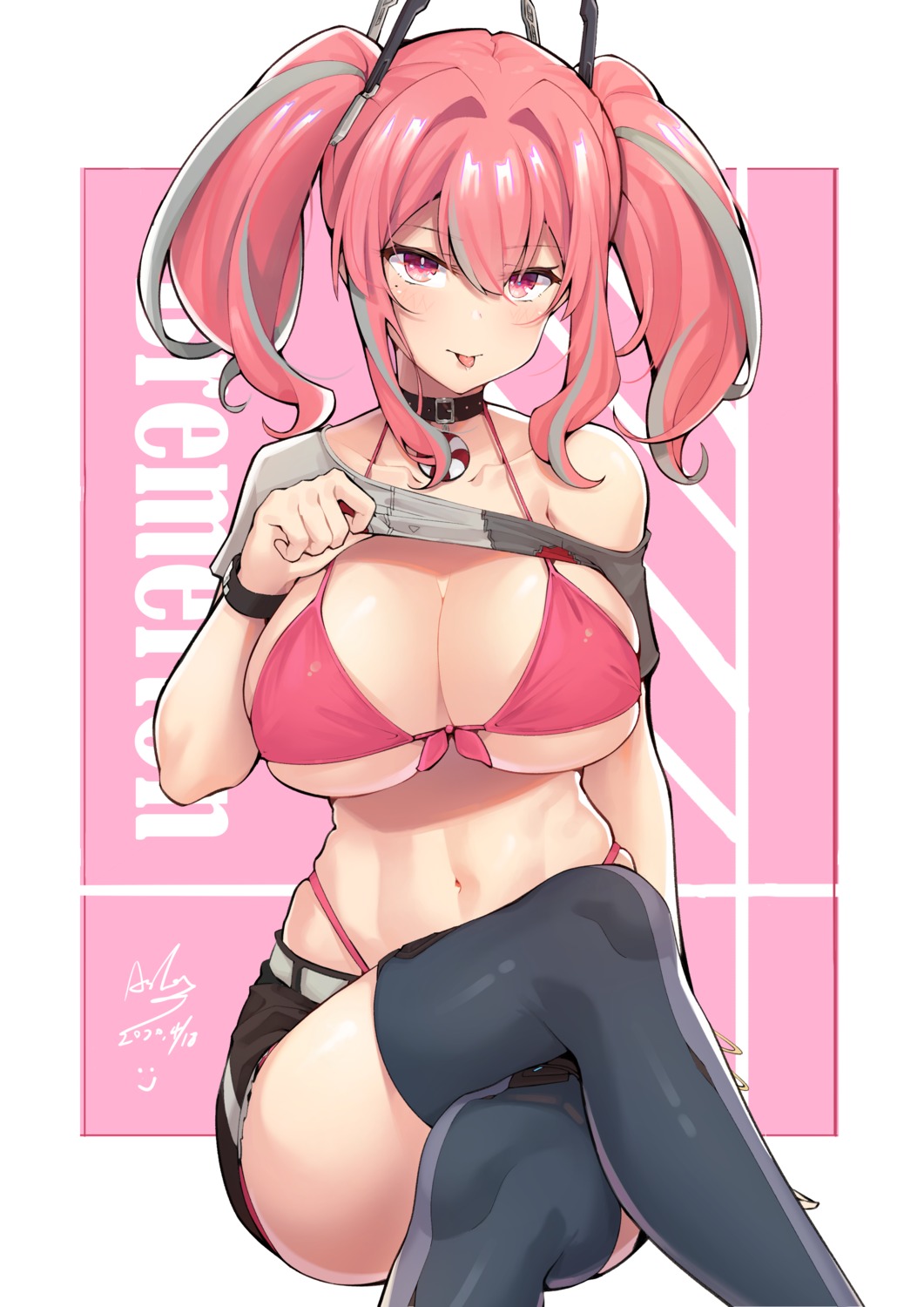 asla_yu, azur_lane, bikini, bremerton_(azur_lane), shirt_lift, swimsuits, thighhighs, undressing