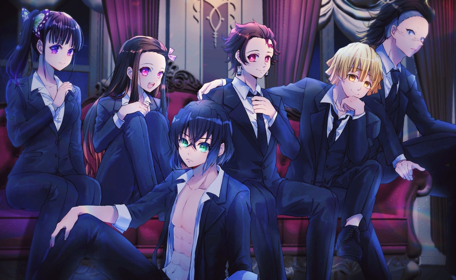 agatsuma_zenitsu, business_suit, hashibira_inosuke, kamado_nezuko, kamado_tanjirou, kimetsu_no_yaiba, mayoko_na_kuroneko, open_shirt