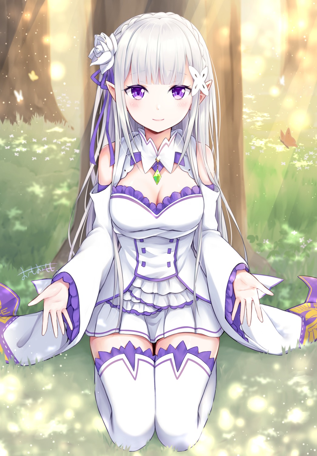 cleavage, elf, emilia_(re_zero), omoomomo, pointy_ears, re:zero_kara_hajimeru_isekai_seikatsu, thighhighs