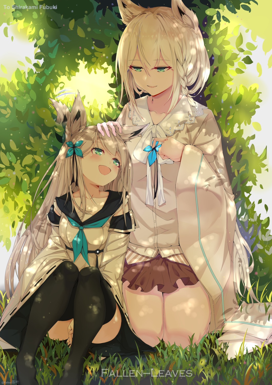 animal_ears, fallen-leaves, hololive, hololive_gamers, japanese_clothes, kitsune, shirakami_fubuki, thighhighs