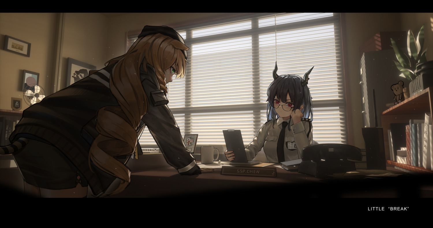 animal_ears, arknights, ch'en_(arknights), even_(even_yiwen), horns, megane, police_uniform, swire_(arknights)
