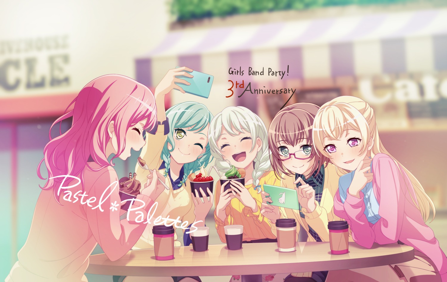 bang_dream!, hikawa_hina, maruyama_aya, megane, selfie, shirasagi_chisato, sweater, tagme