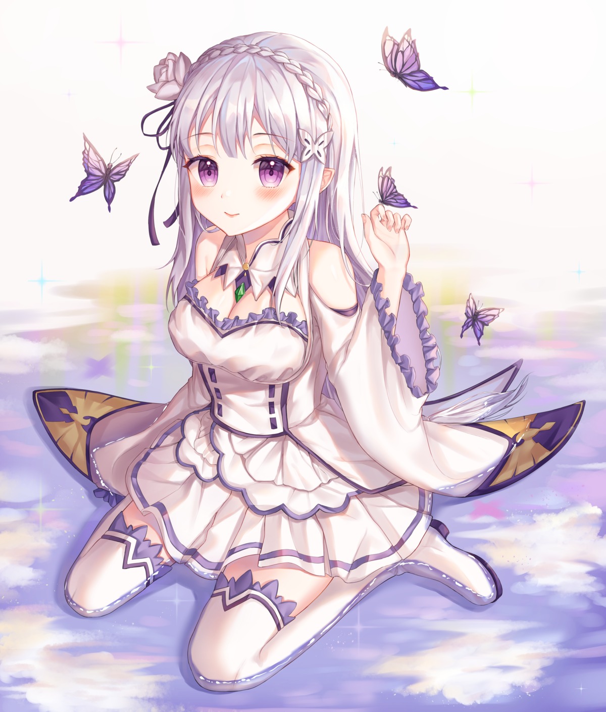 cleavage, dress, elf, emilia_(re_zero), heels, monjja, pointy_ears, re:zero_kara_hajimeru_isekai_seikatsu