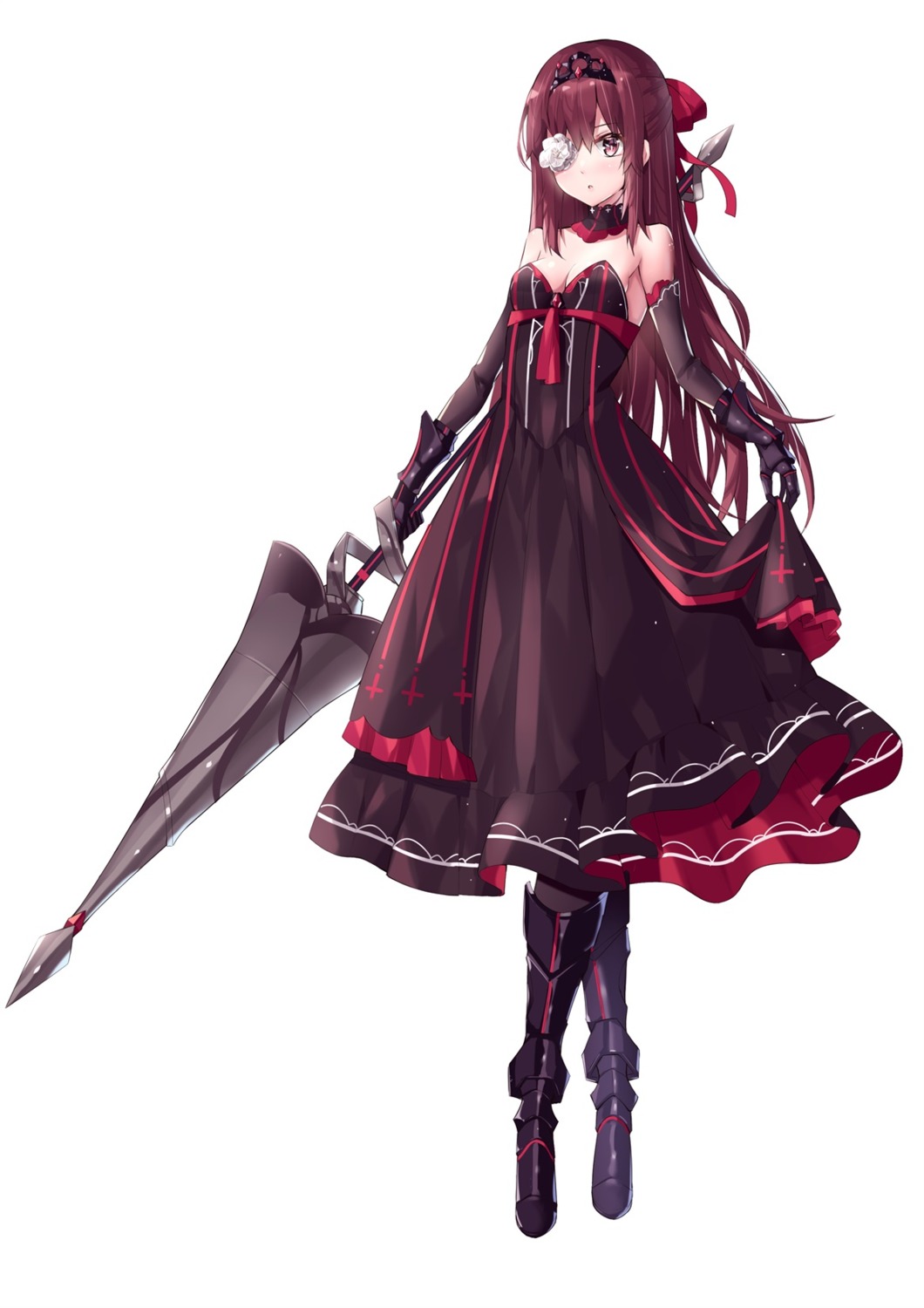 armor, dress, eol_9, eyepatch, no_bra, weapon
