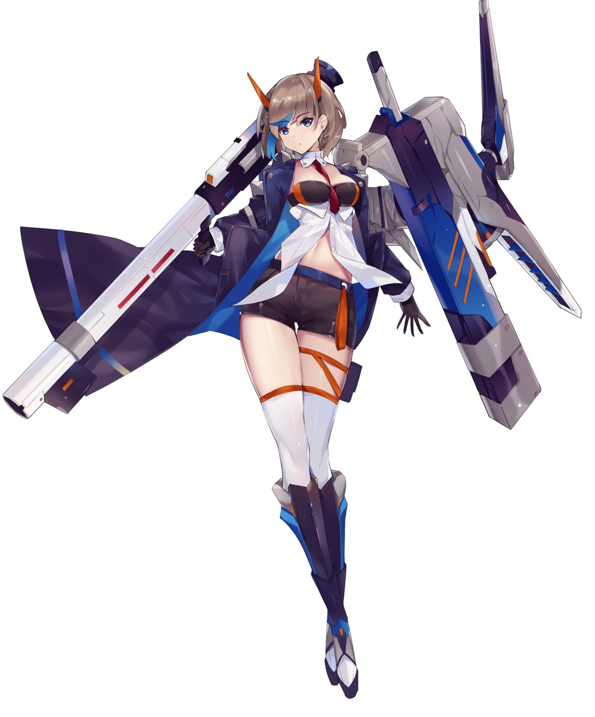 eol_9, garter, horns, mecha_musume, open_shirt, thighhighs, uniform, weapon