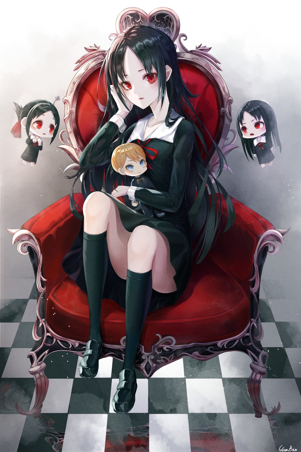 chibi, ggumbam, kaguya-sama_wa_kokurasetai_~tensai-tachi_no_renai_zunousen~, seifuku, shinomiya_kaguya, shirogane_miyuki, skirt_lift