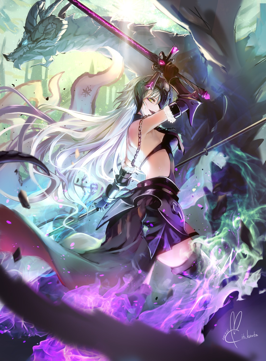 fate/grand_order, heels, jeanne_d'arc, jeanne_d'arc_alter_(fate), koruta_(nekoimo), monster, sword, thighhighs