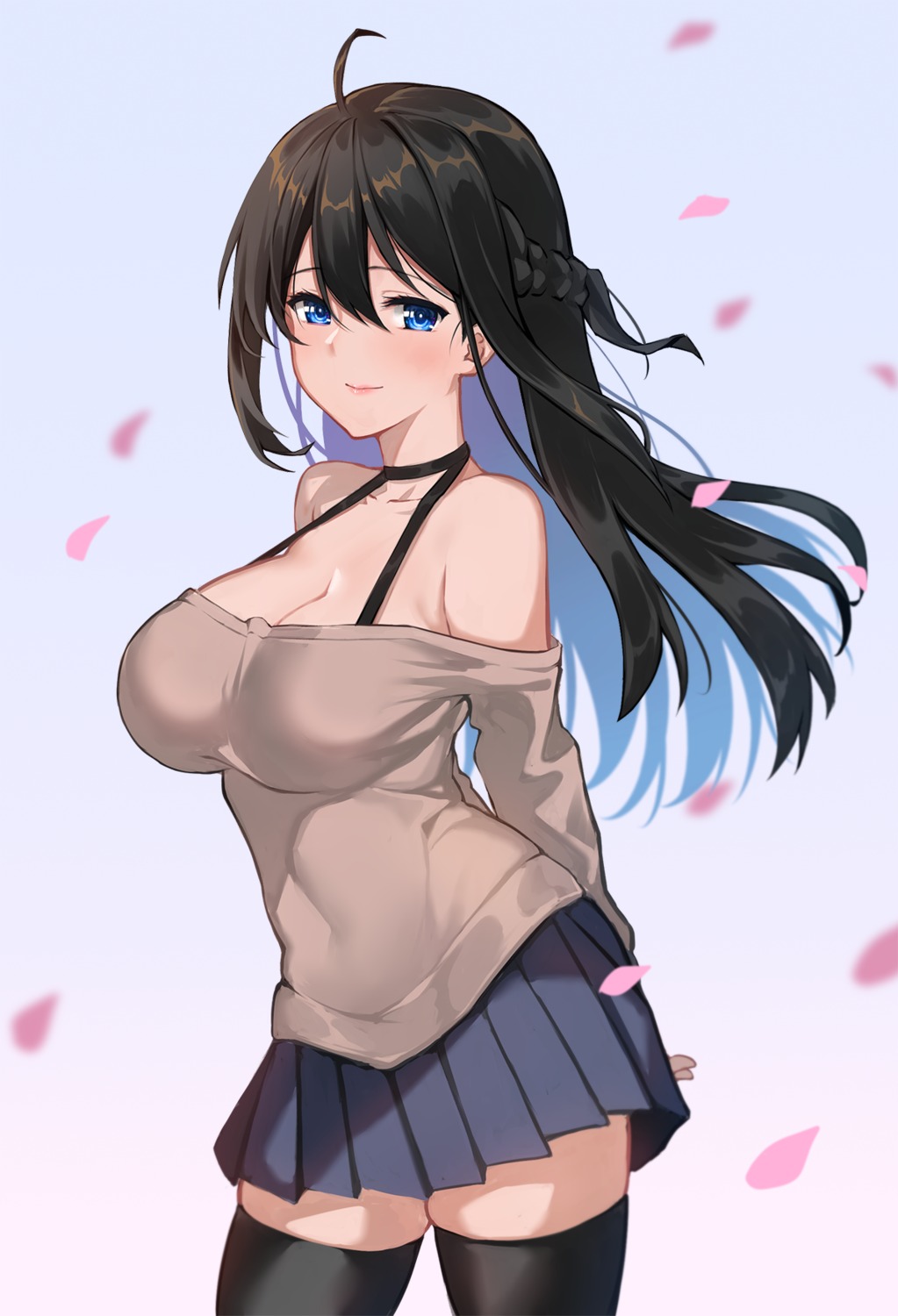 bishi_(bishi), bra, cleavage, sweater, thighhighs