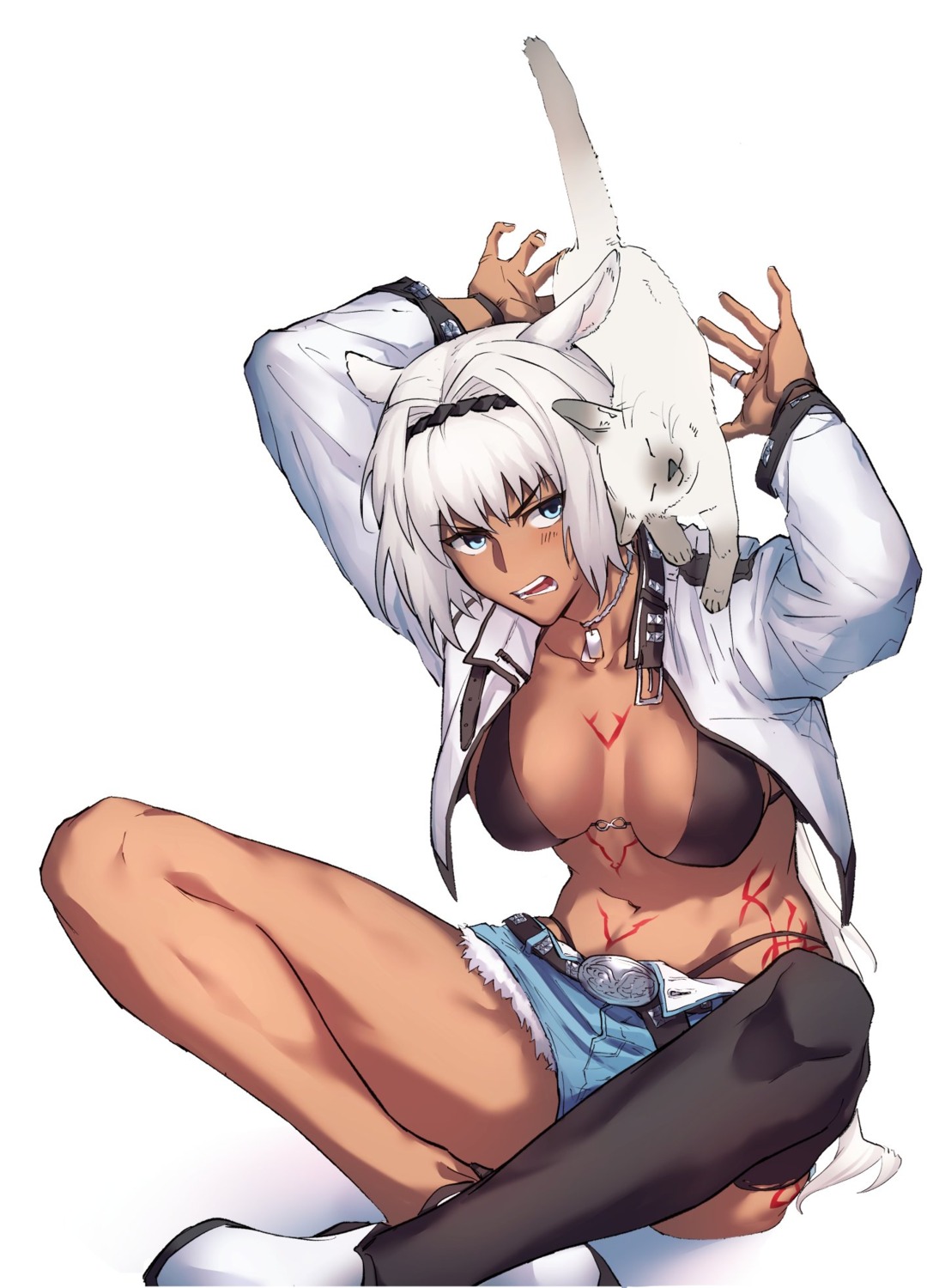 animal_ears, bikini, caenis_(fate), cleavage, fate/grand_order, neko, open_shirt, sabamori, swimsuits, tattoo, thighhighs