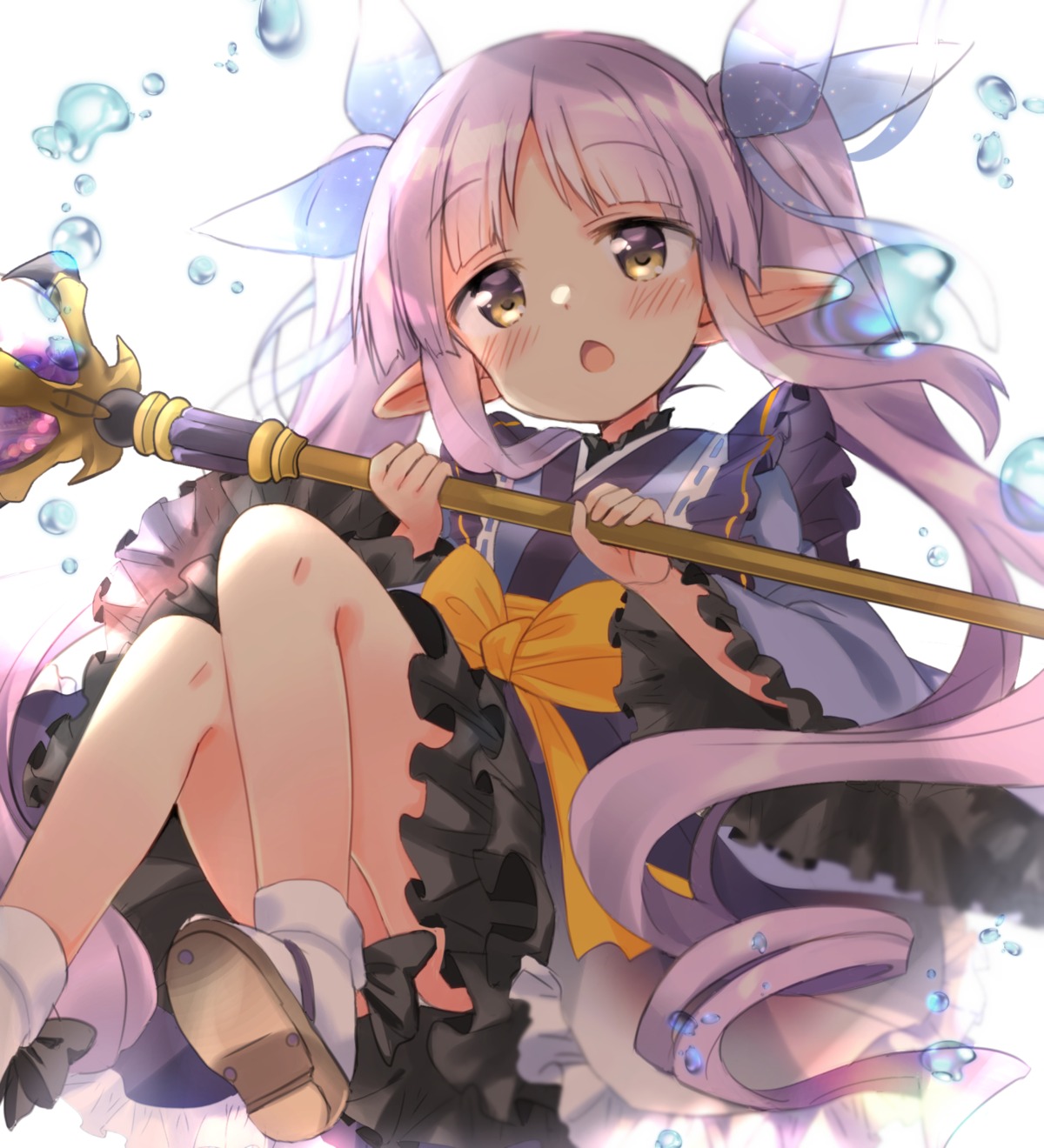 hikawa_kyouka, hizuki_yayoi, lolita_fashion, pantsu, pointy_ears, princess_connect!, princess_connect!_re:dive, skirt_lift, wa_lolita, weapon