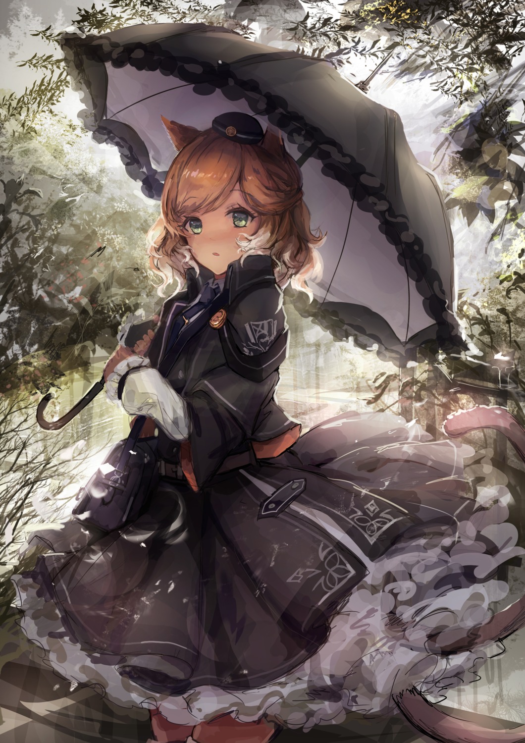 animal_ears, arknights, dress, gothic_lolita, lolita_fashion, mousse_(arknights), nekomimi, sketch, trrcmb, umbrella, uniform