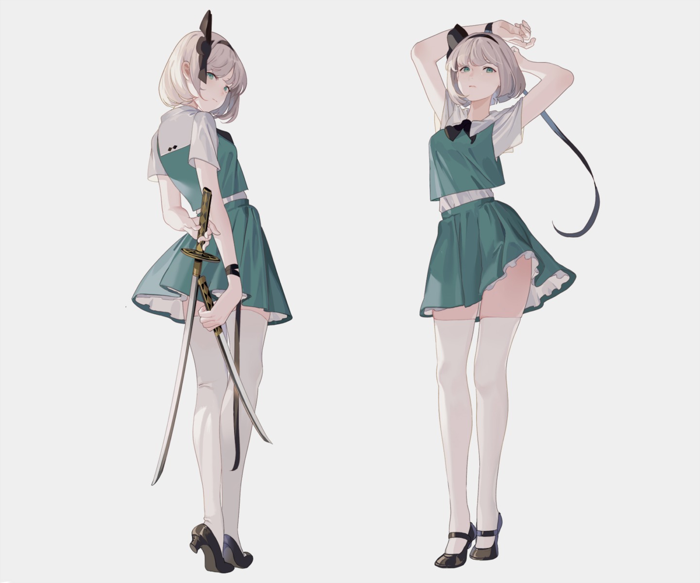 heels, hillly_(maiwetea), konpaku_youmu, skirt_lift, sword, thighhighs, touhou