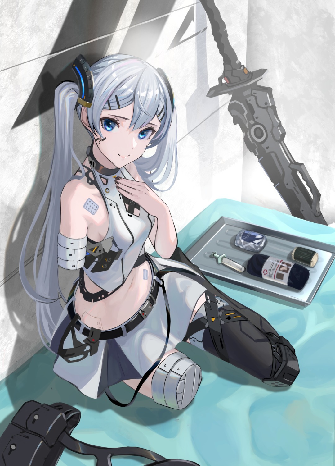 asagon007, bandages, bandaid, mecha_musume, sword, thighhighs