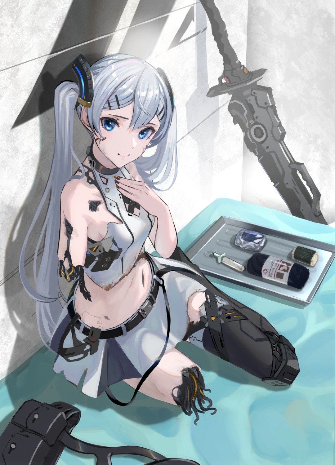 asagon007, mecha_musume, sword, thighhighs, torn_clothes