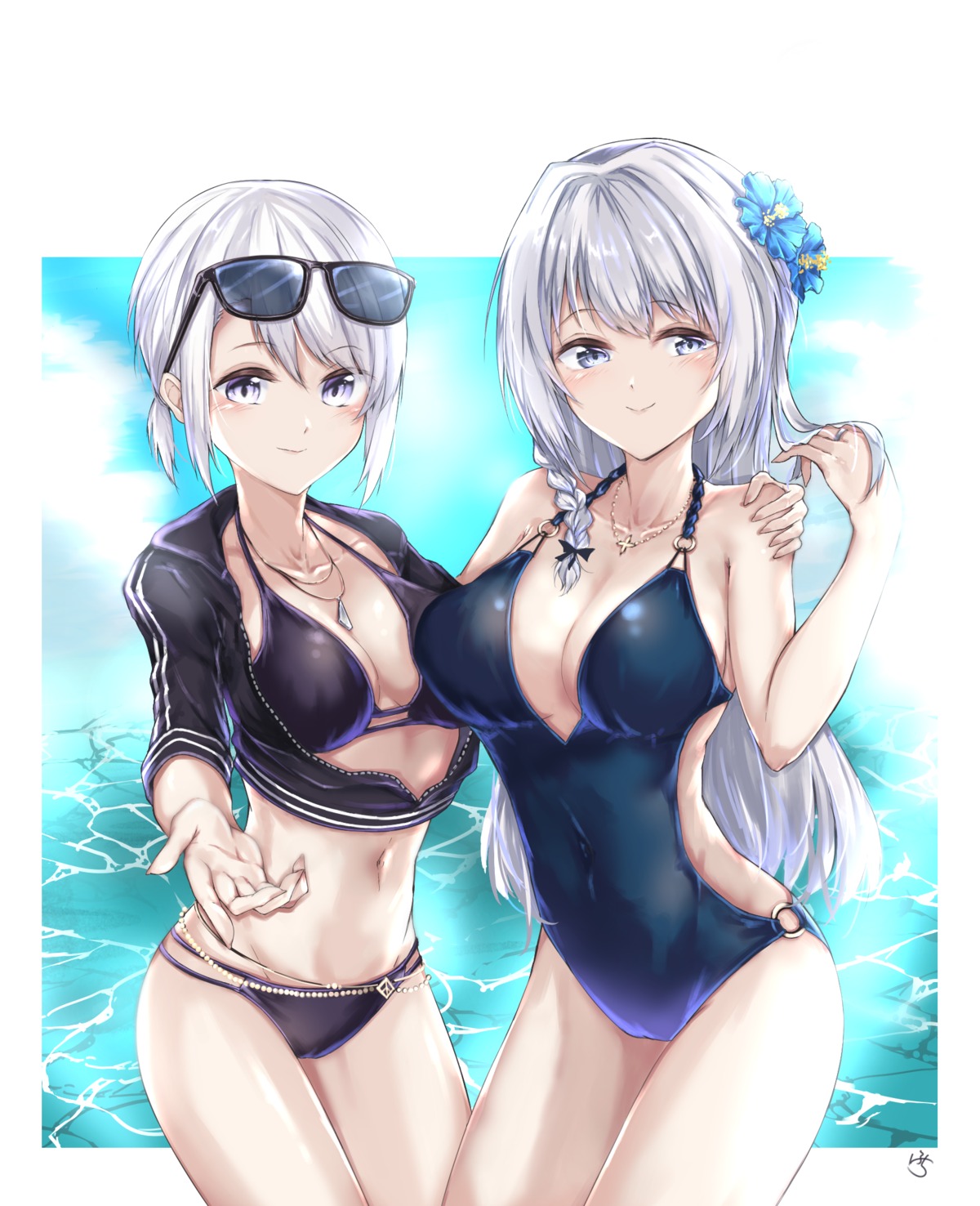 bikini, cleavage, fuchi, izumi_kannagi, magia_record:_mahou_shoujo_madoka_magica_gaiden, mahou_shoujo_madoka_magica, megane, open_shirt, swimsuits, yakumo_mitama