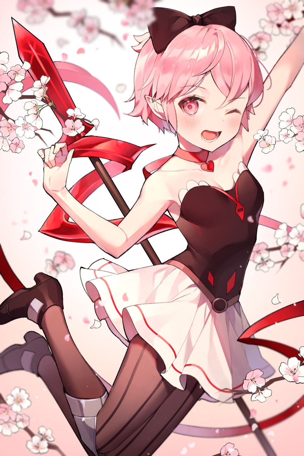 azit_(down), cleavage, heels, illusion_connect, pantyhose, pointy_ears, weapon