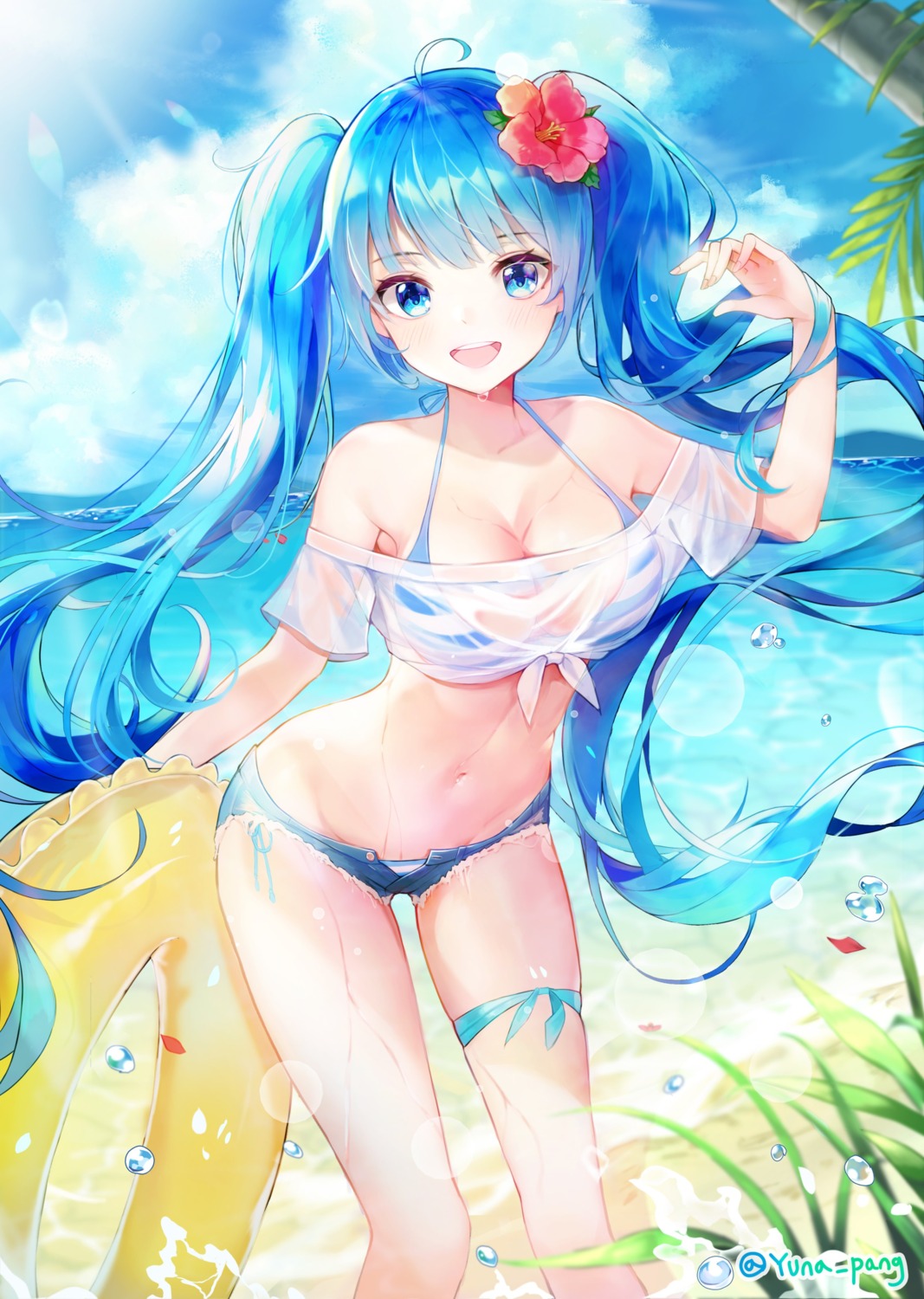 artist_revision, bikini, hatsune_miku, jpeg_artifacts, see_through, swimsuits, vocaloid, wet