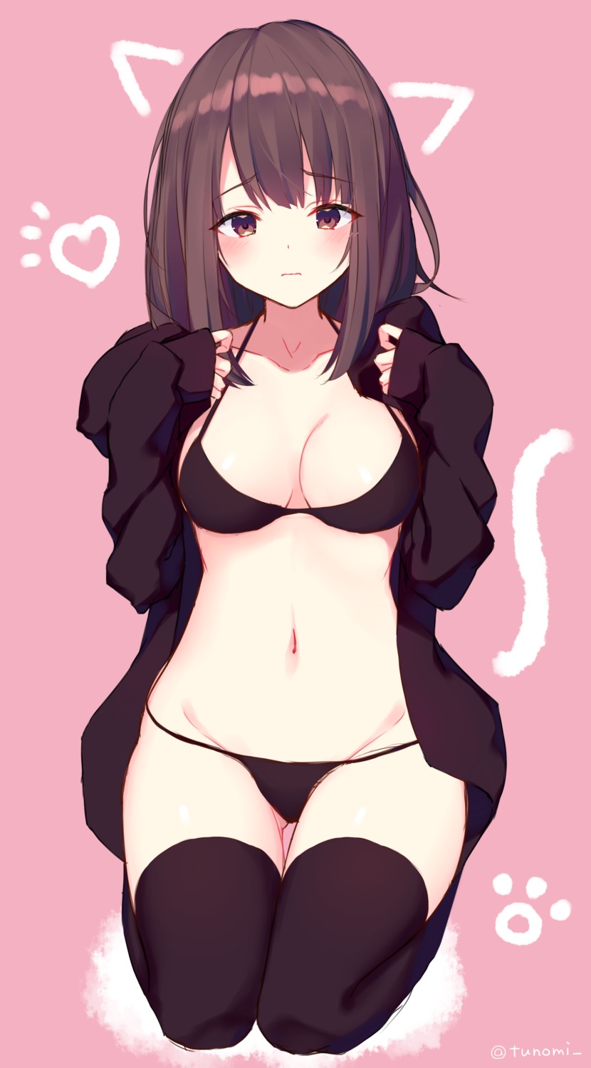 animal_ears, bikini, menhera-chan., nanase_kurumi, nekomimi, open_shirt, swimsuits, tail, thighhighs, tsunomi