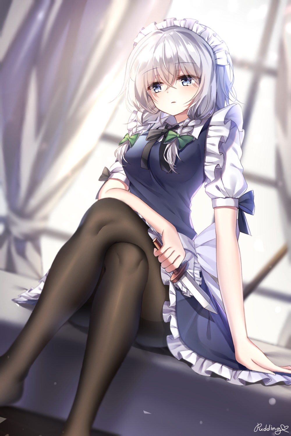 izayoi_sakuya, maid, pantyhose, pudding_(skymint_028), skirt_lift, touhou, weapon
