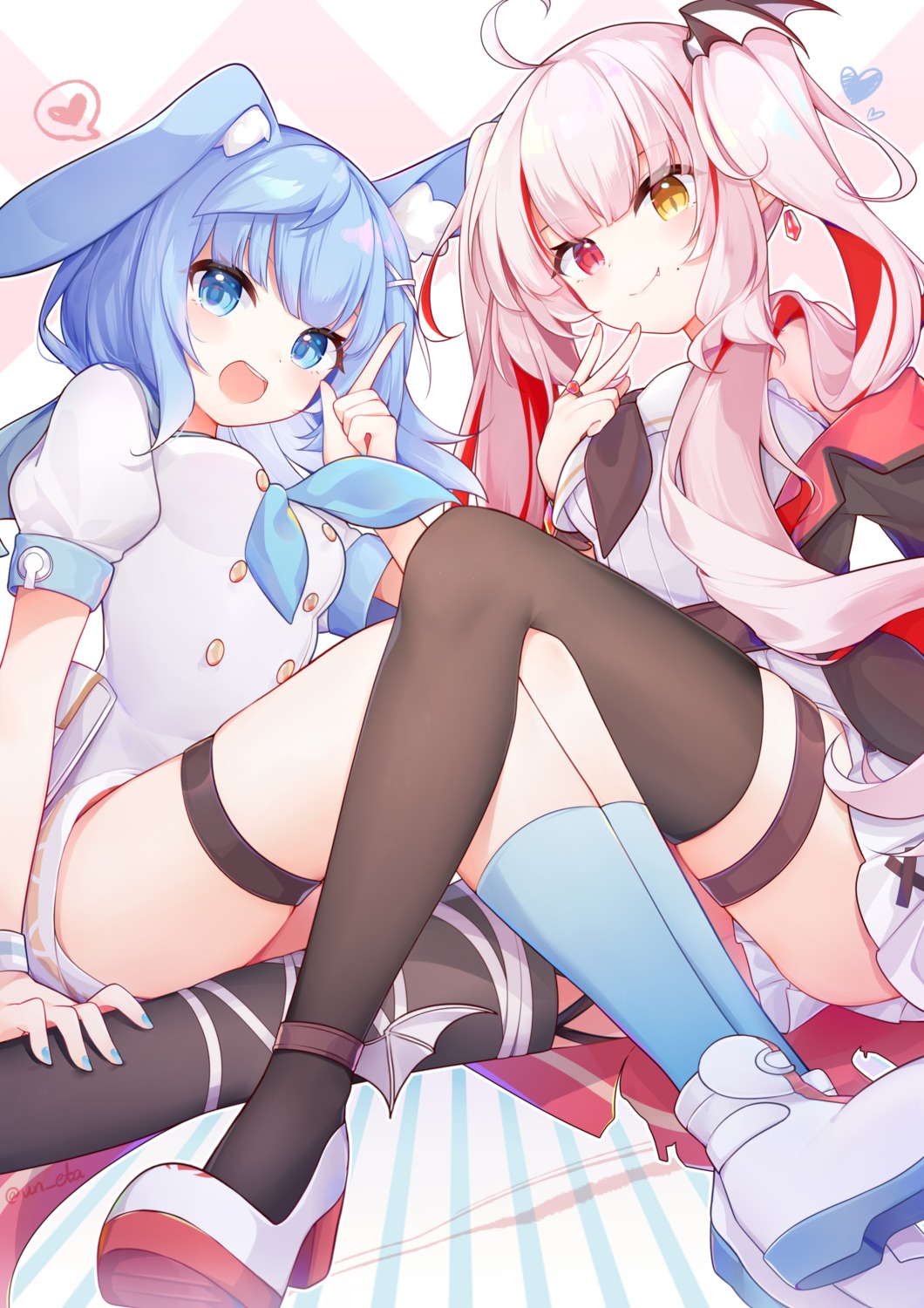 animal_ears, bunny_ears, eta, garter, heels, heterochromia, skirt_lift, thighhighs, uniform