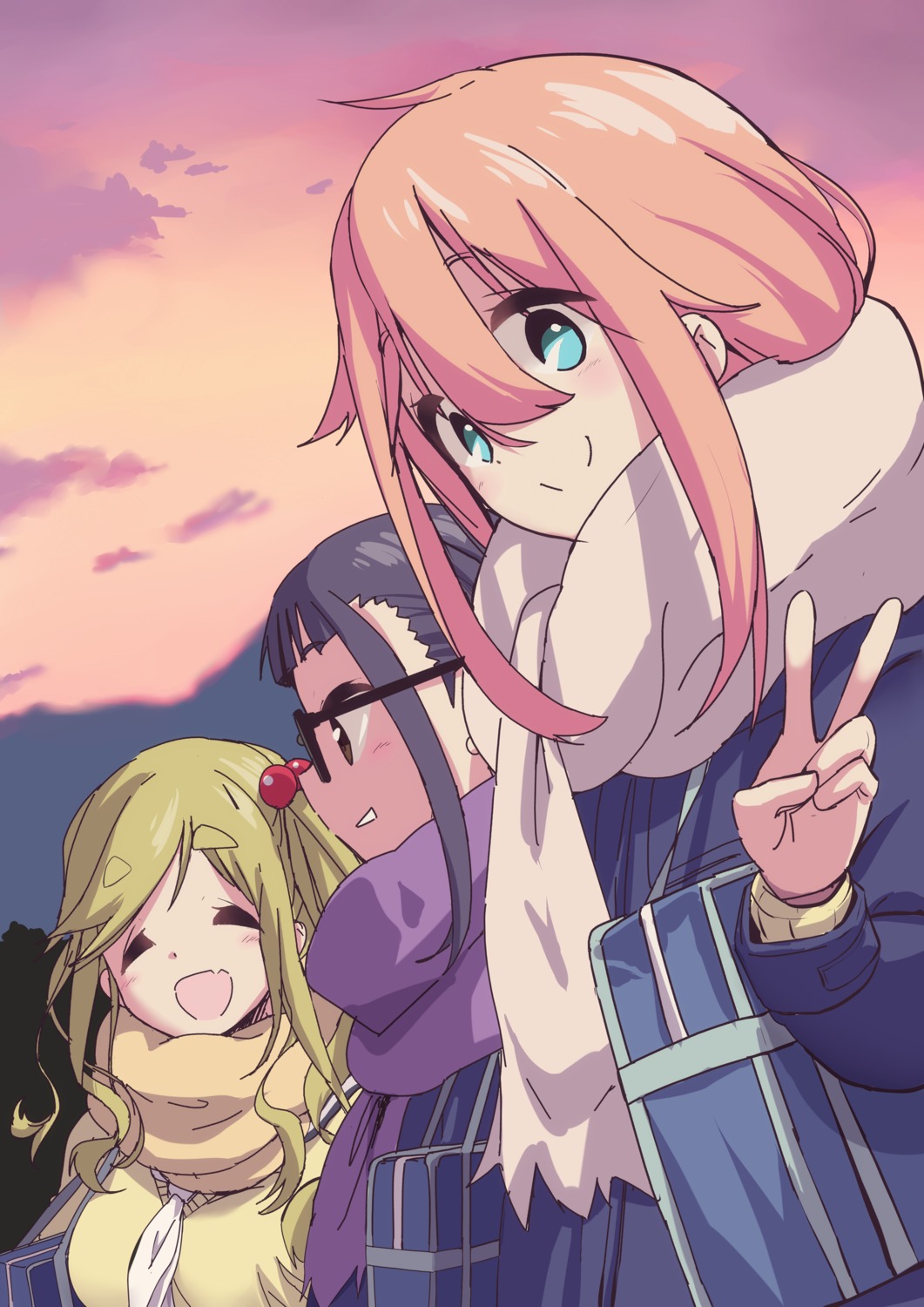 inuyama_aoi, kagamihara_nadeshiko, megane, n2midori, oogaki_chiaki, seifuku, sweater, yurucamp