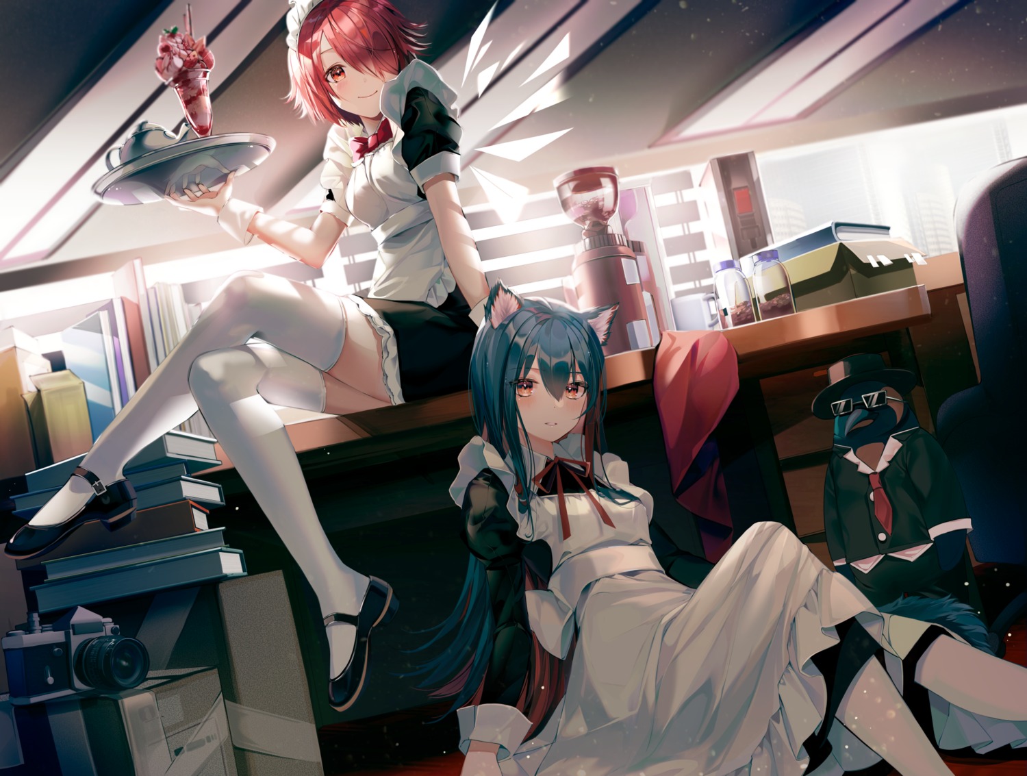 angel, animal_ears, arknights, buri_(retty9349), exusiai_(arknights), inumimi, maid, megane, pantyhose, texas_(arknights), the_emperor_(arknights), thighhighs, wings