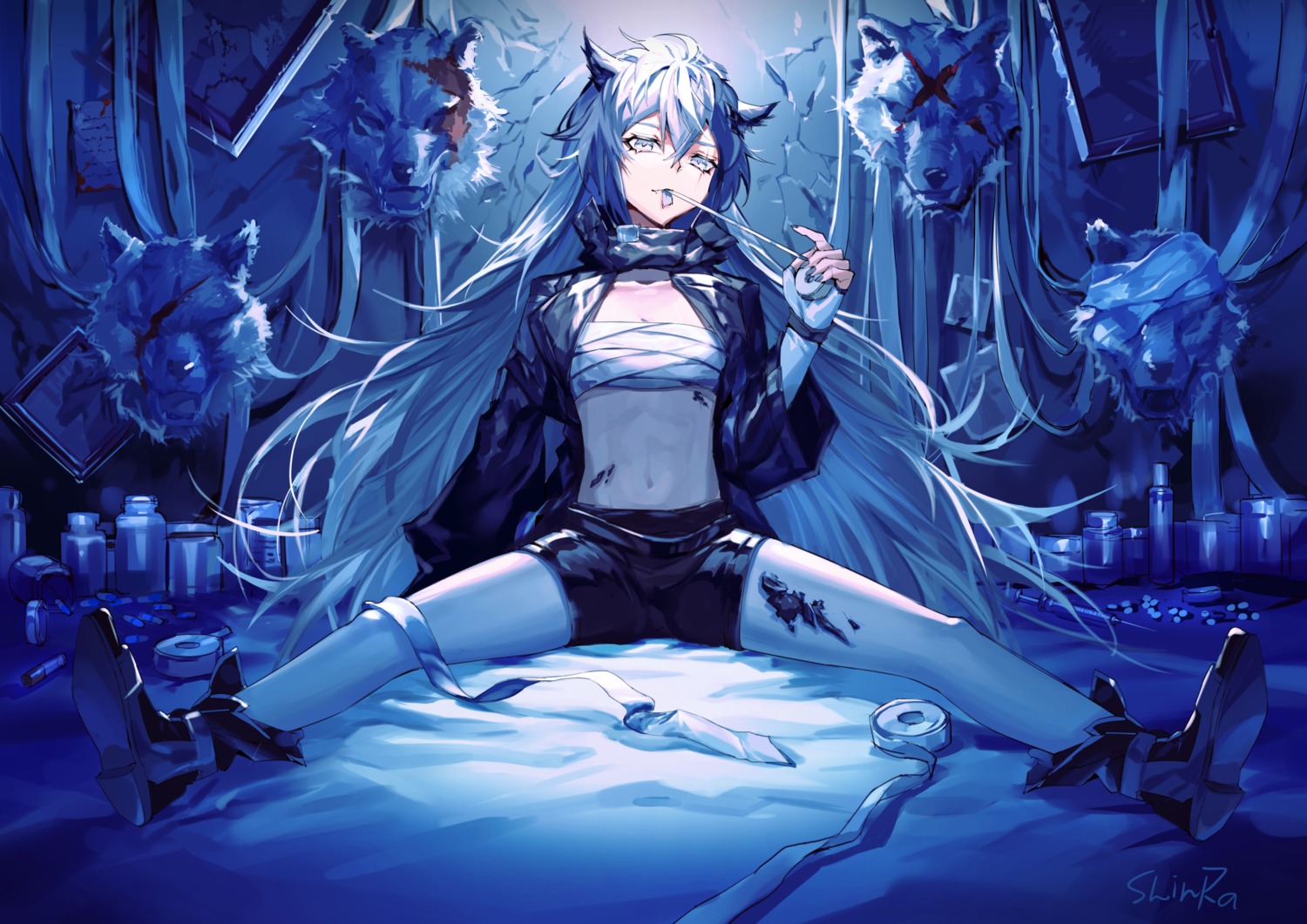 animal_ears, arknights, lappland_(arknights), open_shirt, sarashi, shinra_(user_shinra)