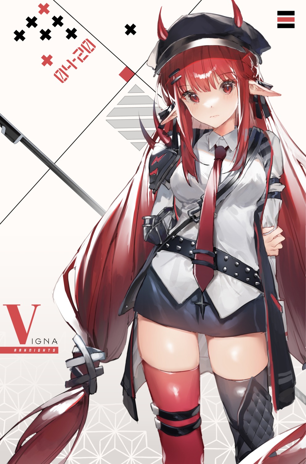 arknights, garter, hatachi8p, horns, pointy_ears, thighhighs, vigna_(arknights), weapon