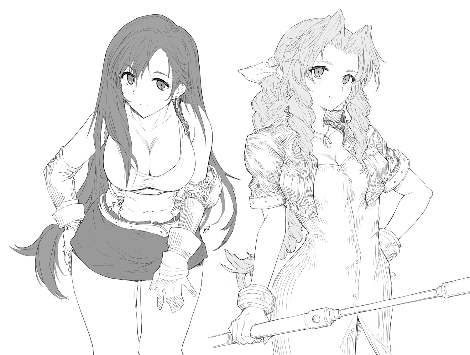 aerith_gainsborough, armor, cleavage, dress, final_fantasy, final_fantasy_vii, frgs, monochrome