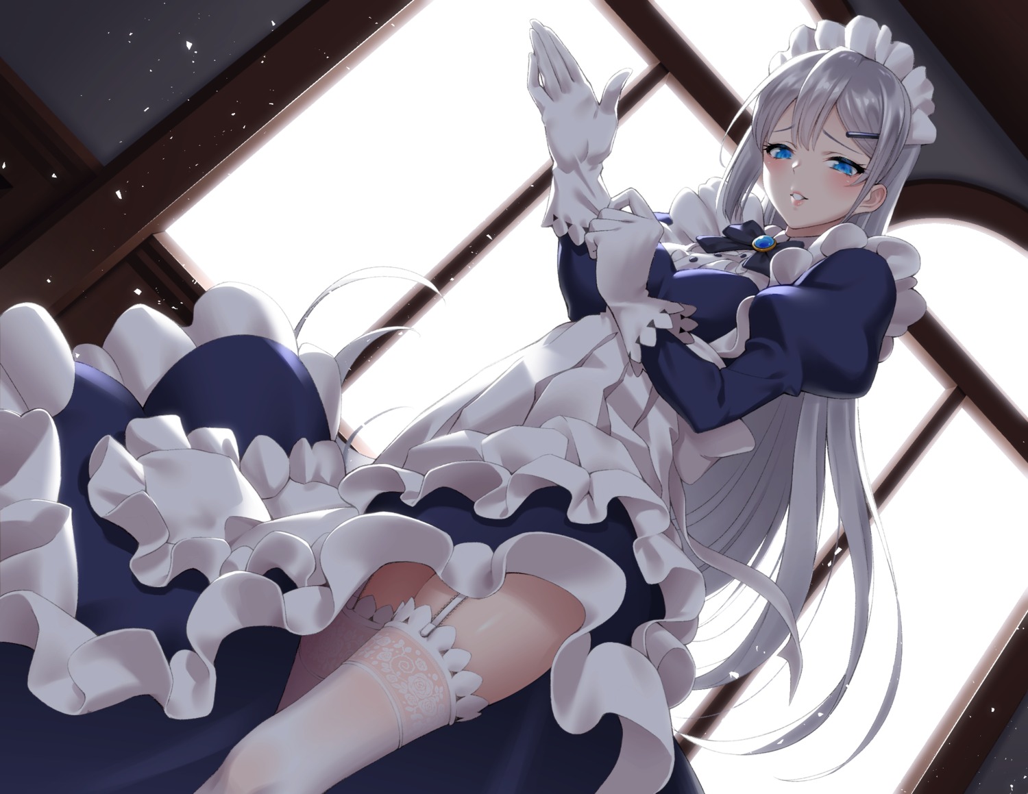 maid, saruchitan, skirt_lift, stockings, thighhighs