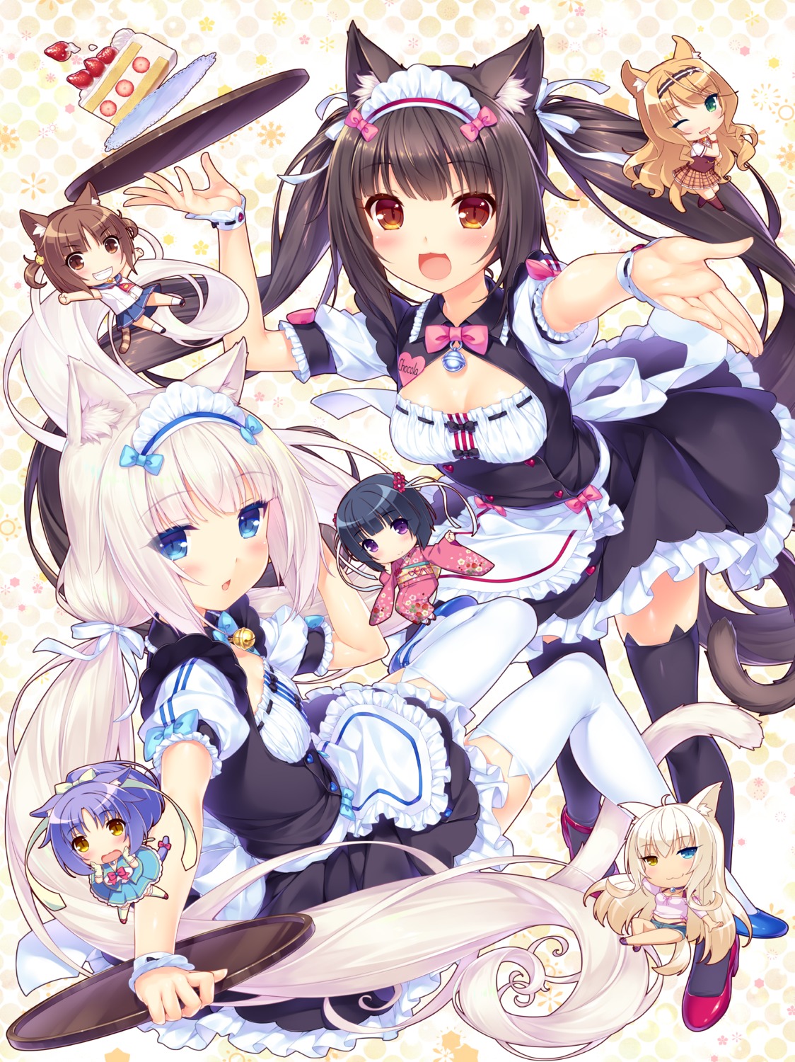 animal_ears, azuki, chibi, chocola, cinnamon_(nekopara), cleavage, coconut, heterochromia