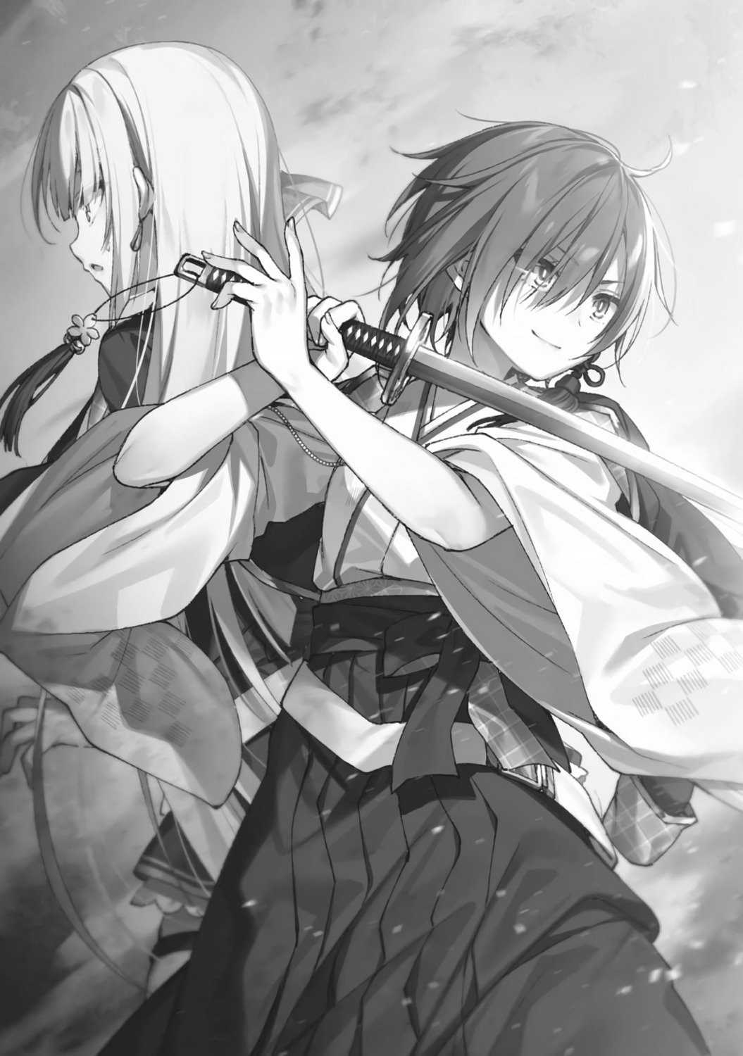 japanese_clothes, monochrome, riselia_ray_crystalia, sakuya_sieglinde, seiken_gakuin_no_maken_tsukai, sword, toosaka_asagi