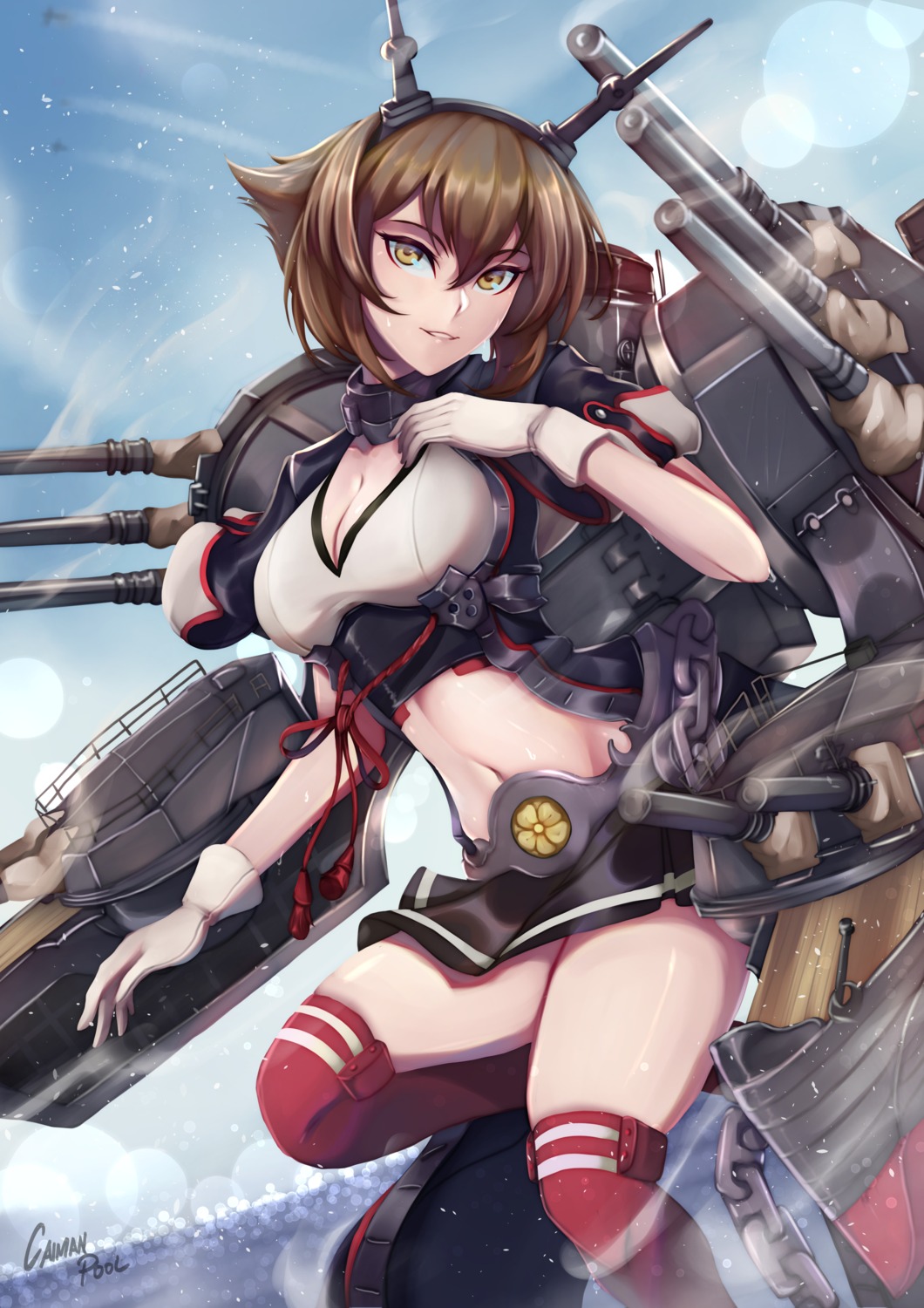 caiman-pool, cleavage, kantai_collection, mutsu_(kancolle), skirt_lift, thighhighs