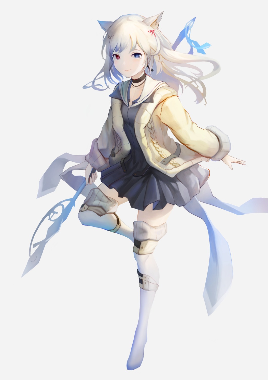 animal_ears, arknights, dori_(9720xyz), heterochromia, nightmare_(arknights), seifuku, sweater, thighhighs