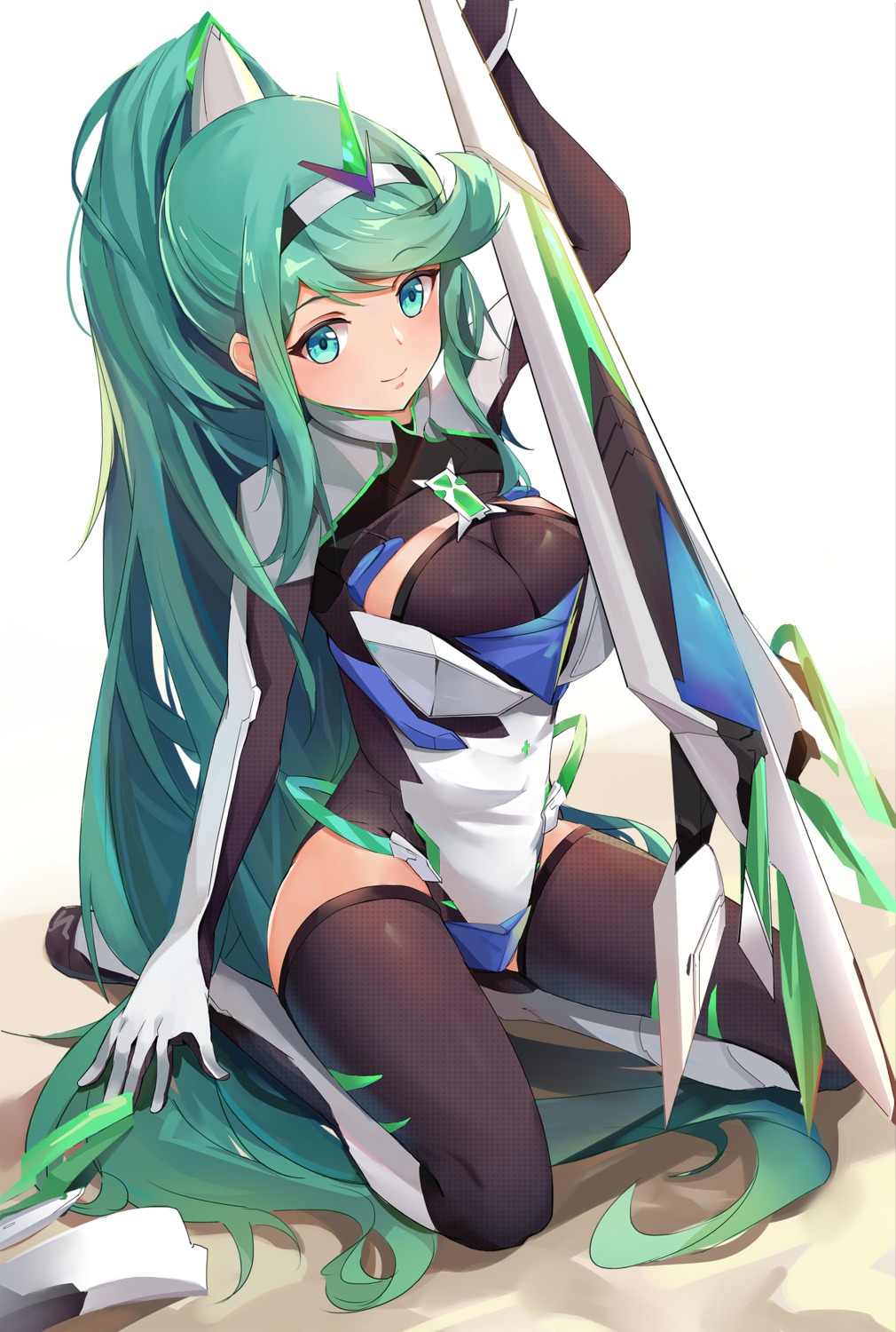 bodysuit, fishnets, kiiro_kimi, pneuma_(xenoblade_2), sword, thighhighs, xenoblade_(series), xenoblade_2