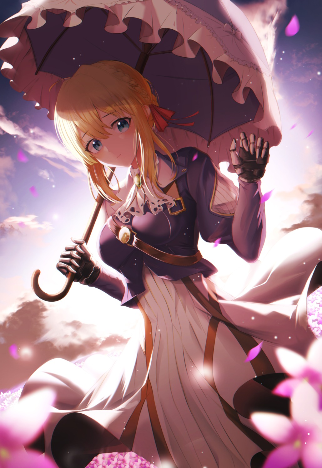bexercube, dress, mecha_musume, skirt_lift, umbrella, violet_evergarden, violet_evergarden_(character)