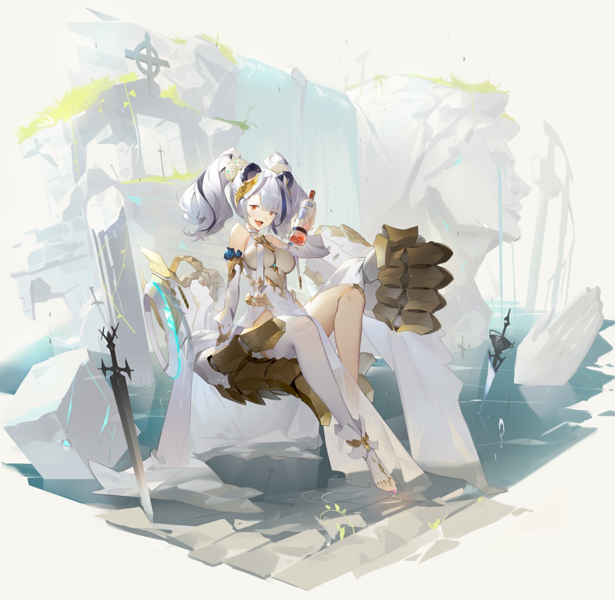 animal_ears, arknights, dress, feater_(arknights), helic_(7317helic), sword, thighhighs