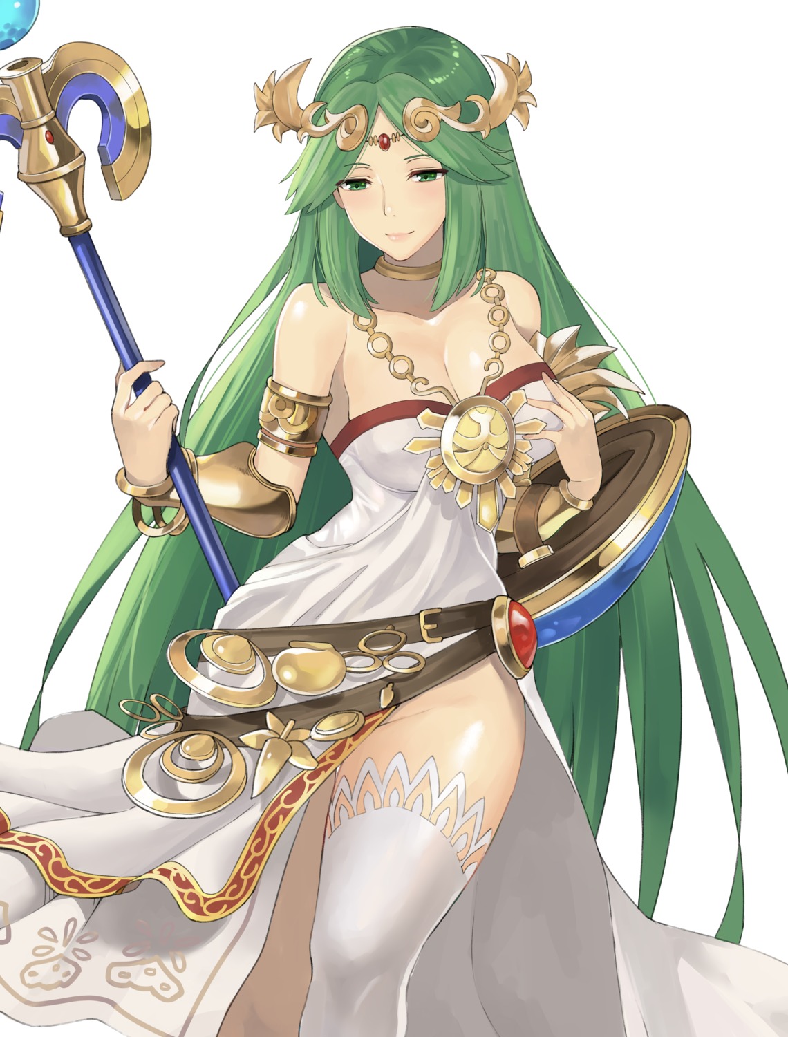 breast_hold, cleavage, dress, j@ck, kid_icarus, kid_icarus:_uprising, no_bra, palutena, thighhighs, weapon