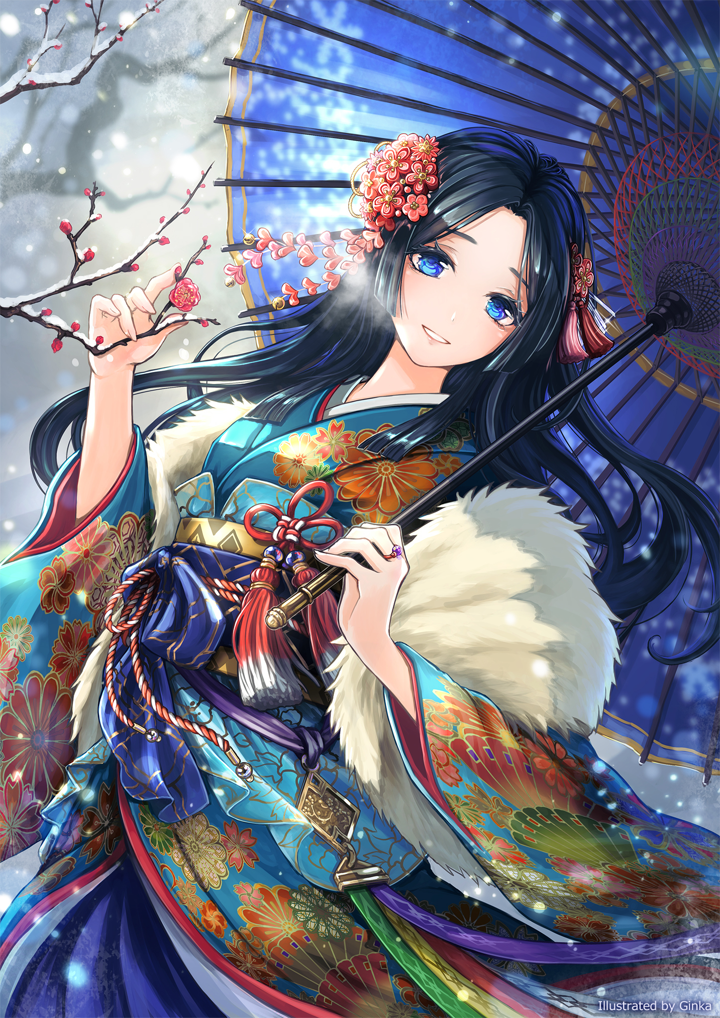 ginka_(pixiv1171736), kimono, sengoku_fubu, umbrella