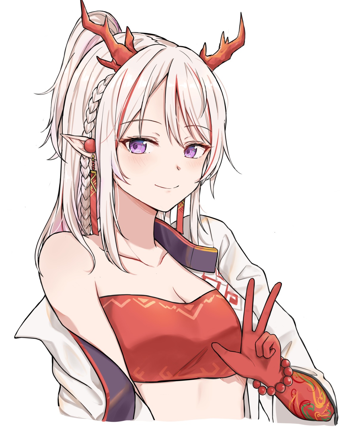 arknights, cleavage, horns, mango_(mgo), nian_(arknights), pointy_ears, tattoo