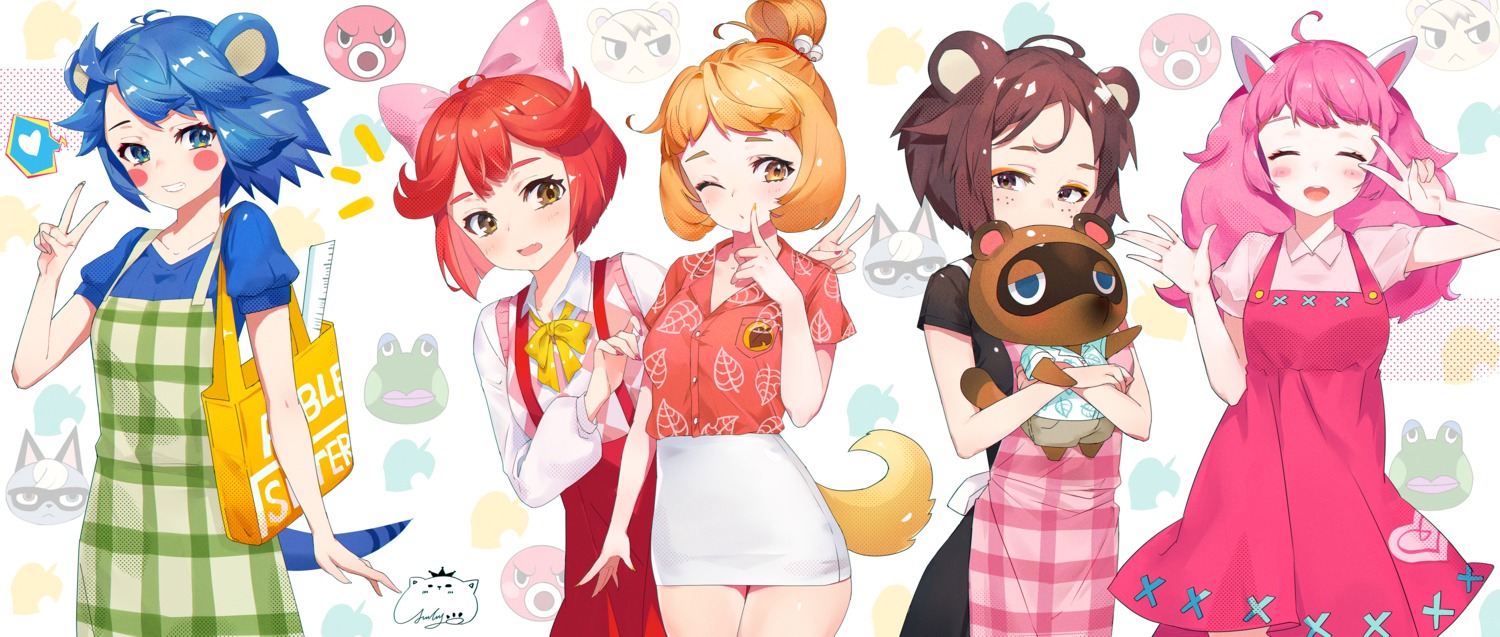 animal_ears, anthropomorphization, doubutsu_no_mori, dress, fuuko_(doubutsu_no_mori), jiujiuyatou_(yayanzz), kinuyo_(doubutsu_no_mori), risa_(doubutsu_no_mori), shizue_(doubutsu_no_mori), tail, tanukichi_(doubutsu_no_mori)