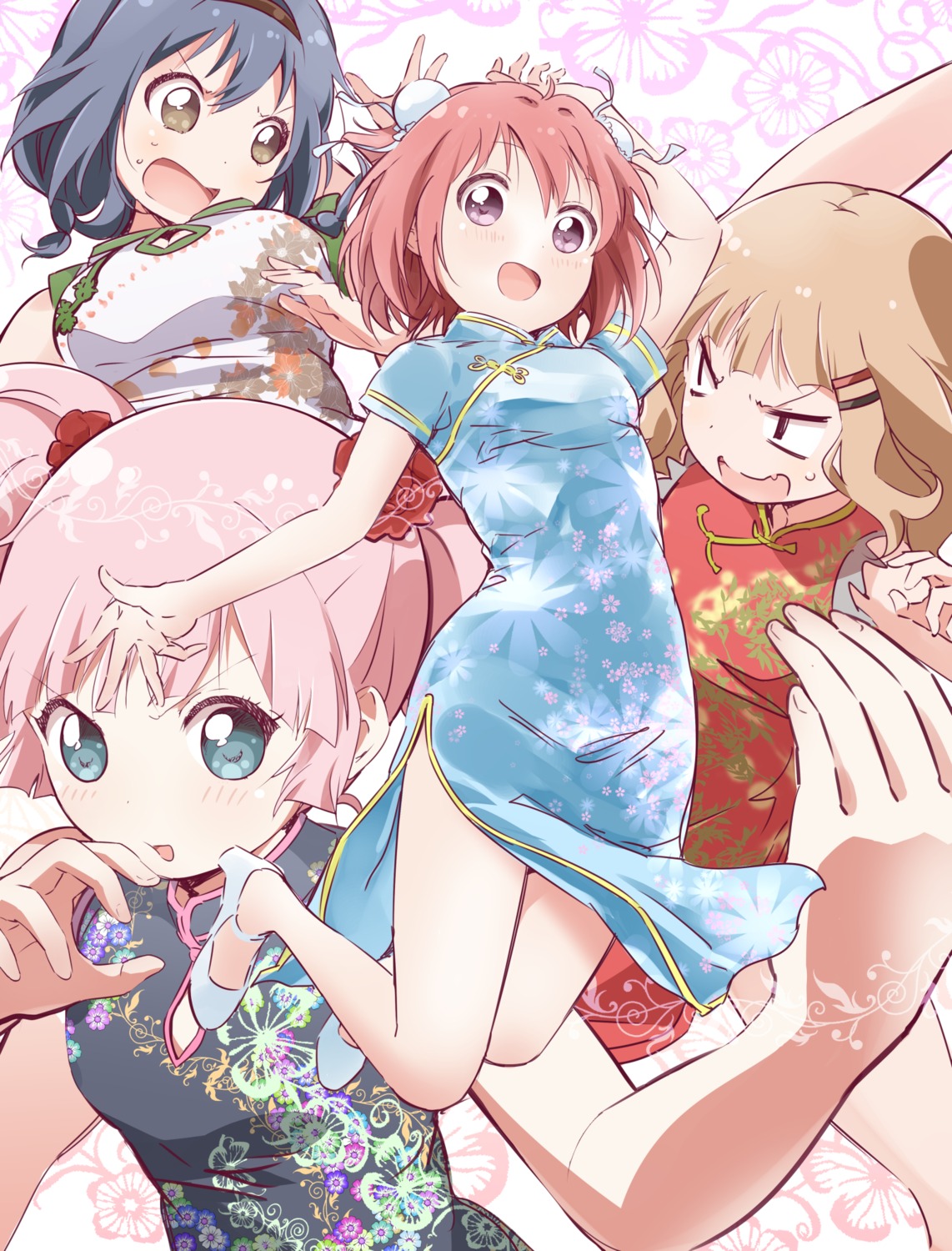 akaza_akari, chinadress, cleavage, furutani_himawari, kamiki_uutarou, oomuro_sakurako, skirt_lift, yoshikawa_chinatsu